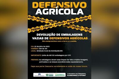 Imagem da notícia Alcinópolis terá coleta de embalagens vazias de defensivos agrícolas no dia 22 de julho